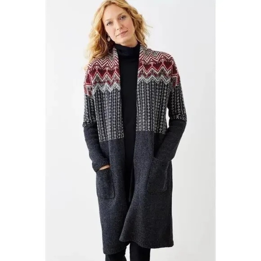 J. Jill Gray Red Fair Isle Cardigan Sweater Small